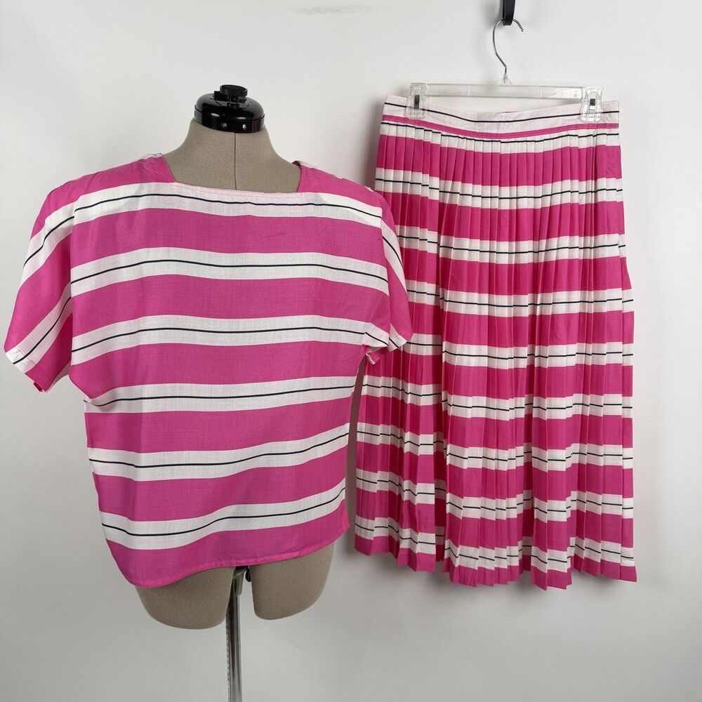 Vintage Chaus Matching Set 80s Pleated Midi Skirt 12 Blouse M Pink Stripe Preppy